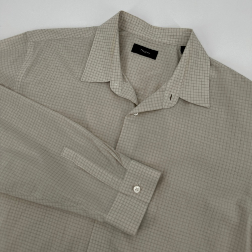Theory Mens XL Clean Shirt Jack Grid‎ Tan Cream Cotton Button Down Long Sleeve